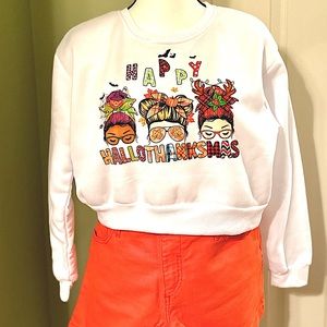 Halloween/Thanksgiving/Christmas Crew Crop Sweatshirt (Happy Hallothanksmas 🚩